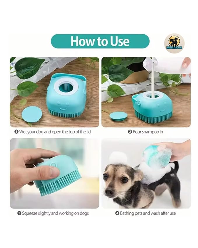 MERAXES Pet Grooming Bath Brush with Soap Dispenser – Soft Silicone Massage Bristles for Dogs & Cats, Gentle Deshedding & Deep Cleaning for Long or Short Hair – BLU