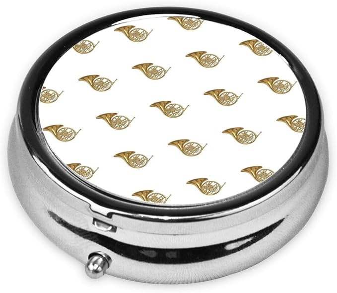 Round Medicine Organizer, French Horns Musical Instrument Portable Pill Box, Mini Case for Fish Oil, Travel Holder Purse Pocket for Men