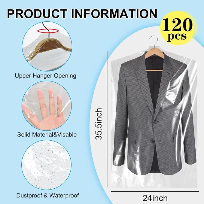 BEISHIDA 120PCS 35.5 Inch Plastic Garment Bag-Plastic Clear Dry Cleaner Laundry Bags for Clothes Cover Hanging Clothes Storage for Coat Suit Shirt Jacket Skirt