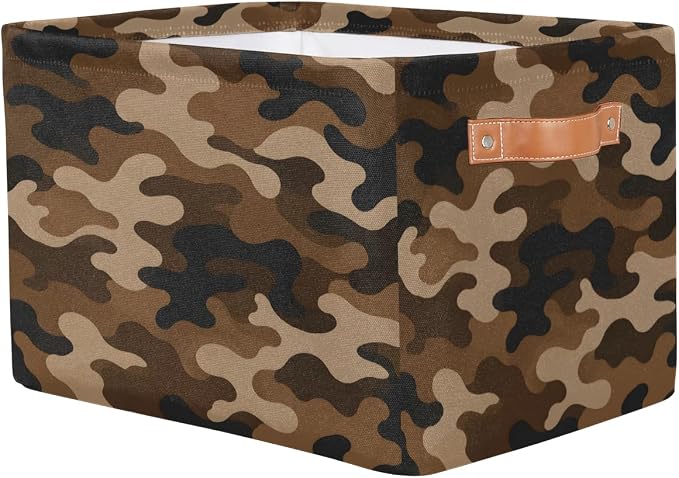 Pardick Camo Basket Storage Bins Rectangle Canvas Basket Cube Storage Box | Nursery Foldable Basket with Handle for Kids Girls Boys Toys Living Room Closet Organizer Shelf Gifts Camouflage Borwn