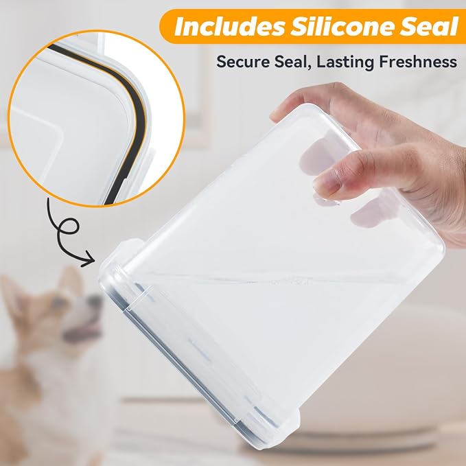 qeerable Airtight Dog Treat Container Set - Shatterproof Plastic Pet Treat Container with Scoops, Tongs & Labels - 3 Pack Clear Dog Cookie Jar for Kitchen Counter Organization & Freshness