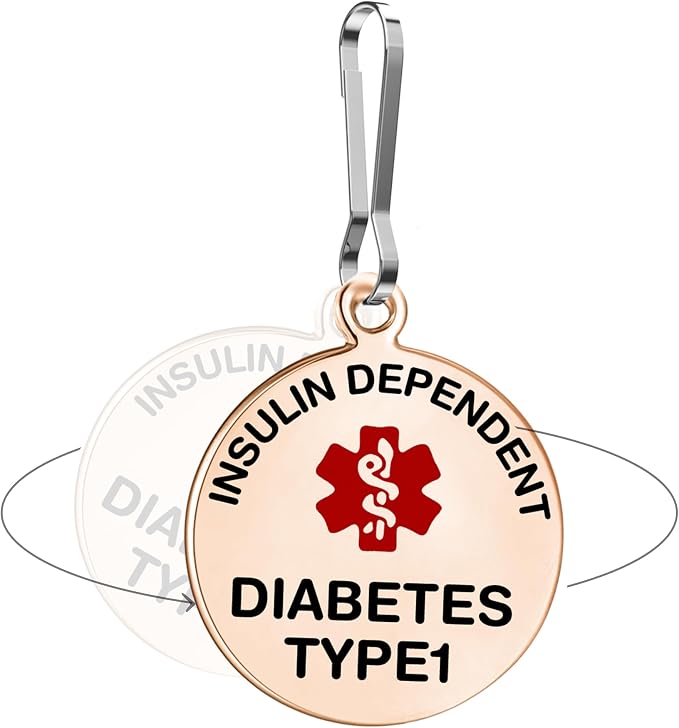 Divoti Type 1 Diabetes (T1D) Medical Alert Bag Tag with Zipper Pull | 1.25" Insulin Dependent Emergency ID | PVD RG Stainless Steel, Dual-Sided Pre-Engraved for Backpacks, Purses & Medical Bags