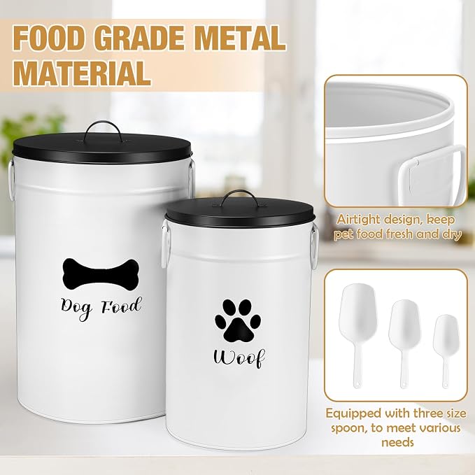 DoubleFill Extra Large 30+14 lb Metal Dog Food Storage Containers, White | Airtight Dog Treat Snack Jars with Lids and Spoon, Farmhouse Style Big Pet Cookie Storage Bin for Kitchen Counter, Set of 2