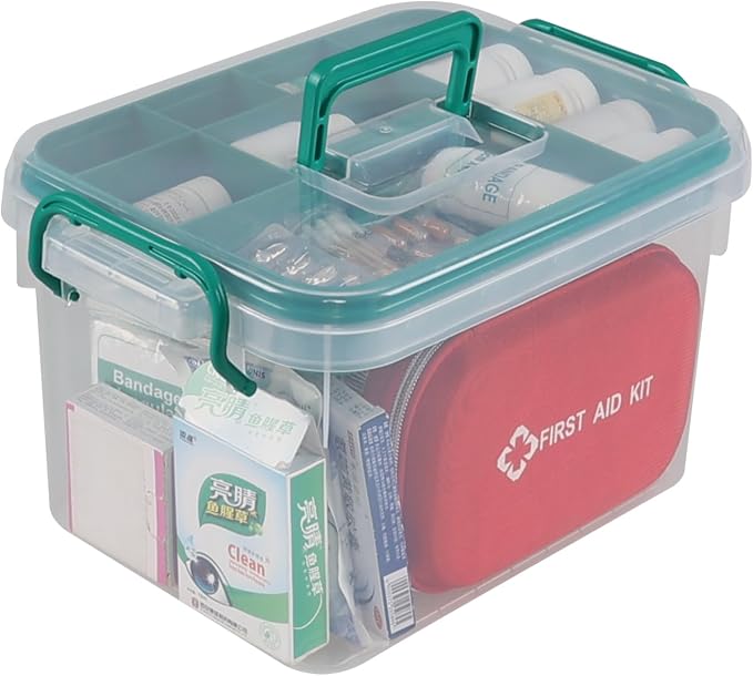 Plastic Medicine Storage Kit with Tray, First Aid Storage Box | Portable 1-Pack Household Med Organizer with Handles, Stackable Clear Household First Aid Organizer