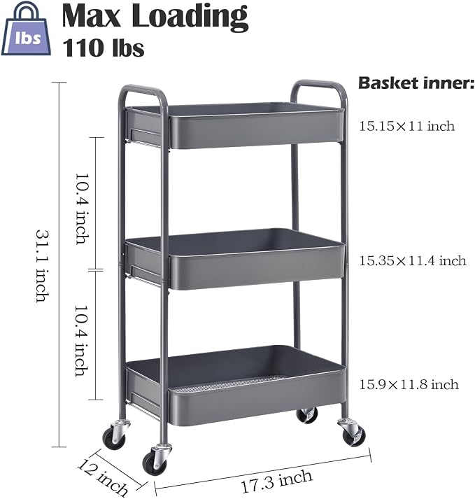TOOLF 3 Tier Metal Rolling Cart, Utility Storage Cart with Wheels, Grey | Screwless Assembly, Lockable Metal Wheels, Trolley Organizer for Bathroom, Kitchen, Office, Dorm, Laundry, Craft Room