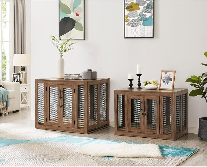 unipaws 37 Inch Furniture Style Dog Crate with Cushion and Tray | Mesh Dog Kennels with Double Doors, End Table Dog House, Medium Crate Indoor Use