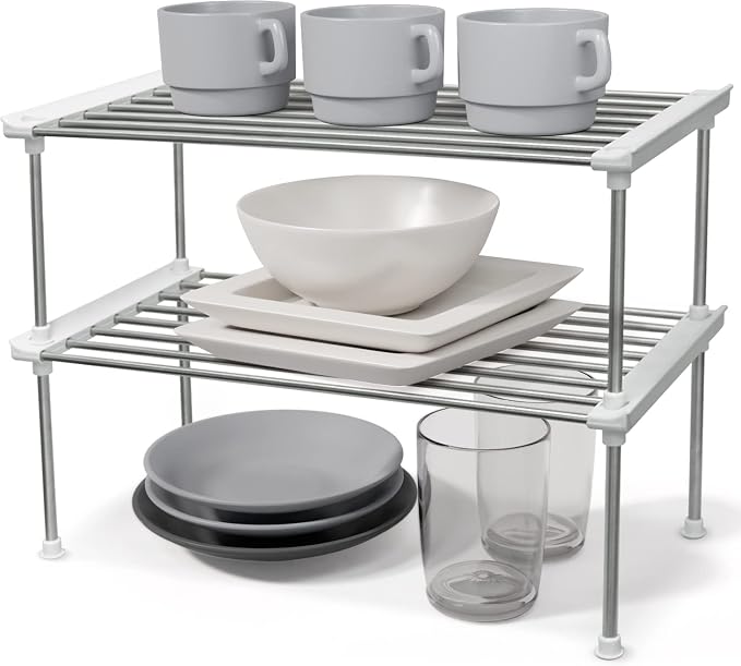 Set of 2 Stackable Cabinet Organizer Shelf 15.7 x 7.8 x 6.1 White | Kitchen Counter Shelves, Kitchen Cabinet Organizers and Storage, Pantry Storage Shelf Organizer