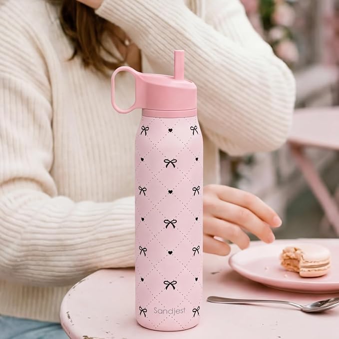 Bow Insulated Stainless Steel Water Bottle with Twist Lid 20oz, Sports & Gym Water Bottles for Women Girls Friends, Gift for Birthday Christmas