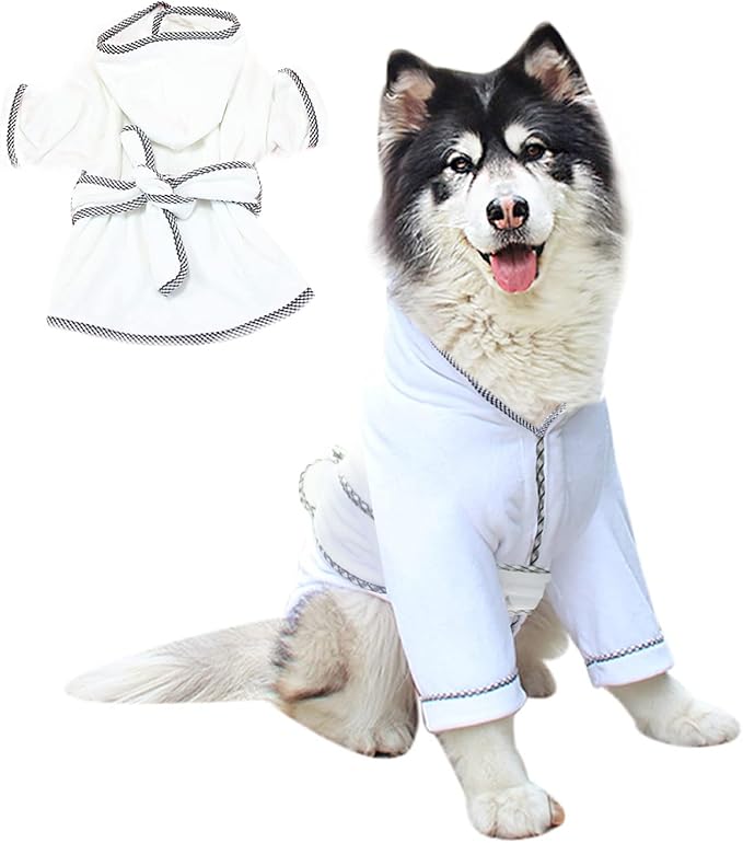 Dog Bathrobe, Microfiber Fast Drying Absorbent Hooded Bath Towel White for Puppy Small Medium Large Dog Cat (2XL, White)