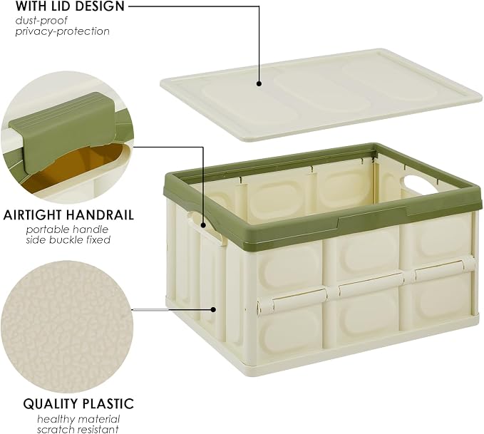 Phyllia Foldable Storage Boxes with Lids, 3 Pack Collapsible Plastic Storage Bins Organizer Containers Baskets Cub with Cover,Stackable Utility Crates Storage Box (Green, 30L)