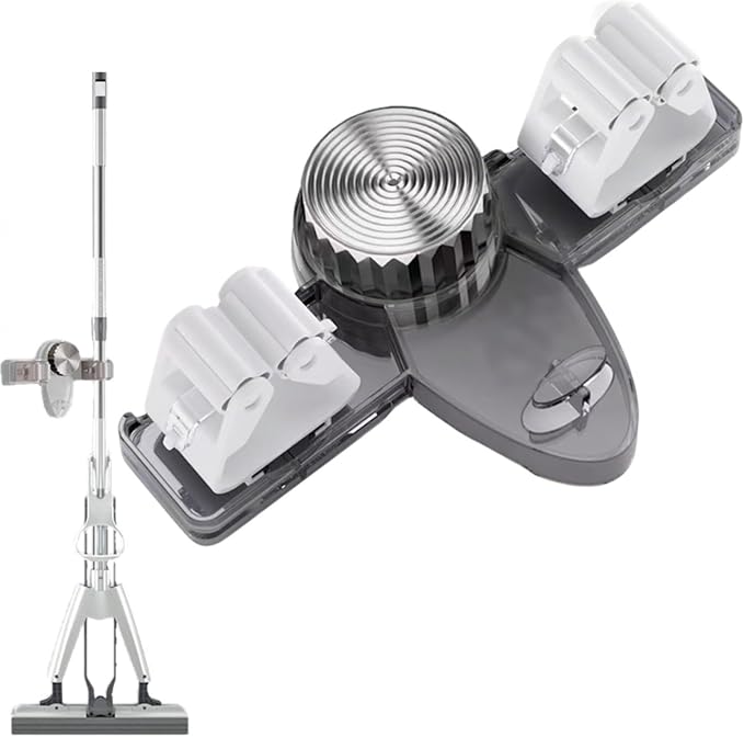 Wall Mount Broom Holder Mop Hanger Organizer - No Drilling PET & Silicone Grip for Bathroom, Kitchen, Laundry Room Storage Rack, Adjustable Angle, Heavy Duty Vacuum Suction (1pcs Gray)