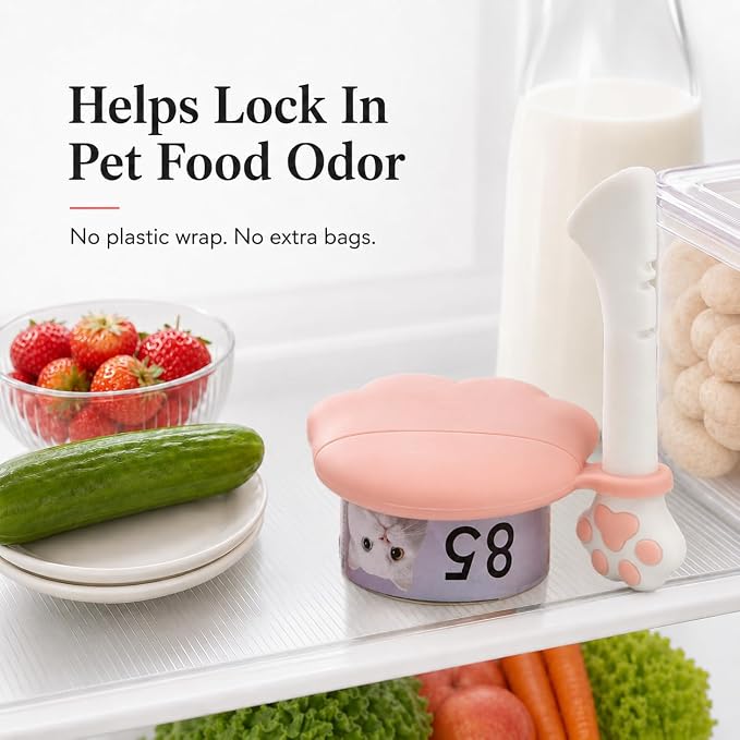 Meow&Woof Cat Food Can Lids and Spoon, Silicone Pet Food Can Covers for 3 oz, 5.5 oz, 12 oz & 13 oz Cans, Reusable Wet Food Storage Lid with Scraper Spoon for Cats and Dogs, Pink