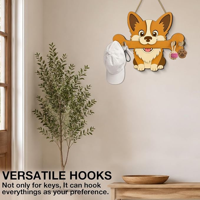 Gifts for Dog Lovers, Cute Dog Leash Holder for Wall, Puppy Key Holder Wall Mount with 4 Keys Hooks, Wooden Key Hooks for Collars, Entryway Garage Living Room Kitchen Mudroom