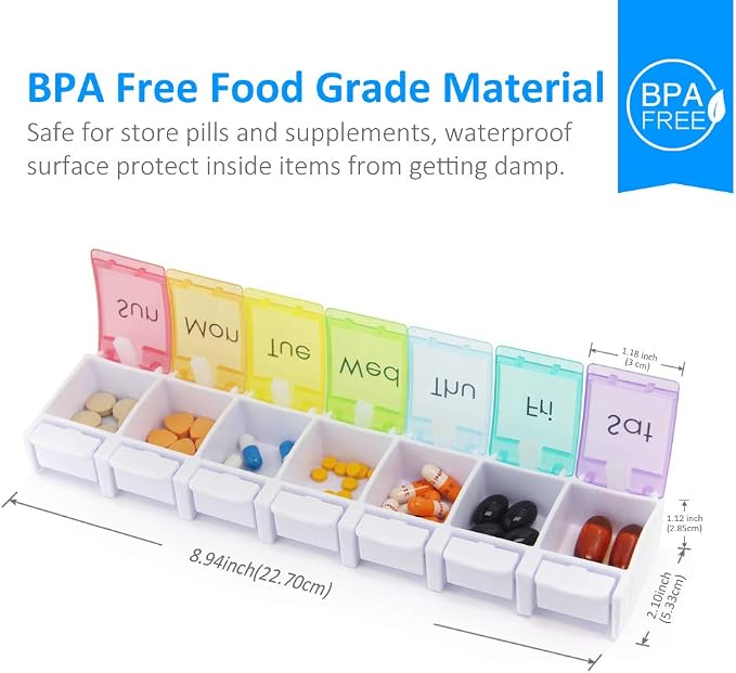GOGOODA 2 Pack Weekly Pill Organizer Arthritis Friendly 7 Day Pill Holder | Travel Vitamin Container Organizer with Popup Open Design and Ample Space to Hold Vitamins, Fish Oil and Medication