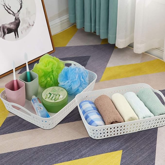 6 Packs Large Plastic Storage Tray with Handles, White | Plastic Storage Basket, Rectangle Storage Bins, Organizer Trays for Classroom, Desk, Office