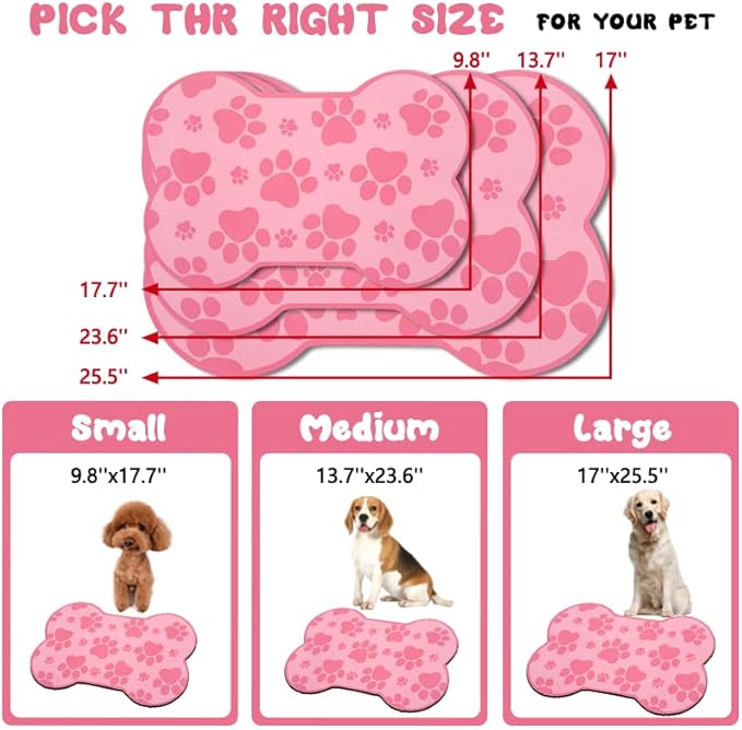 Dog Food Mats for Floors Waterproof, Pet Feeding Absorbent Water Bowl Mat Cat Placemats Pink Bone Shape 25.5 * 17 inch