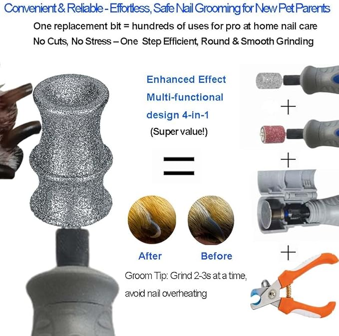 Stress-Free Diamond Dog Nail Grinder Bit Attachment for Dremel - Refill Tips & Replacement Heads Fit Dremel 7760 & 7350, for Small to Large Pet Dogs/Cats, Thick Nail Grooming, 2-Pack
