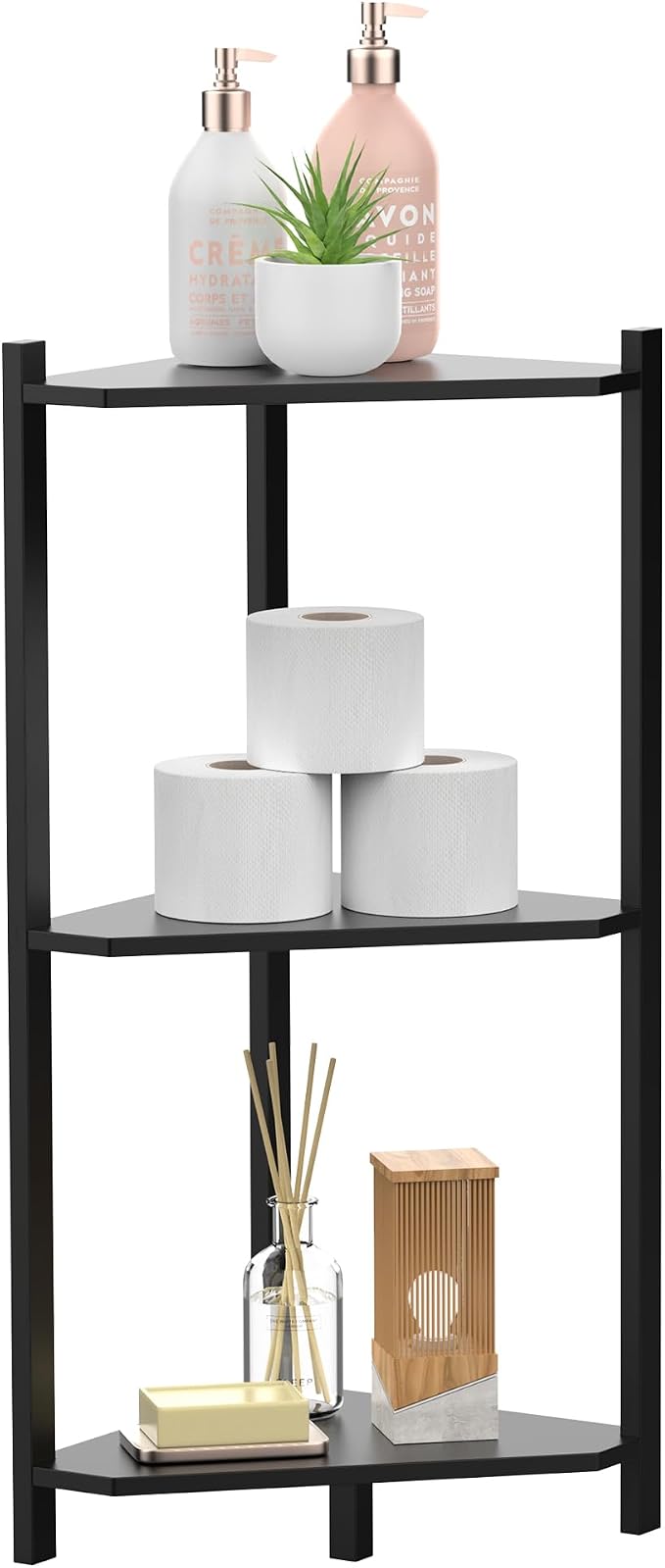 Wisuce Black Small Corner Shelf Stand, 3-Tier Bamboo Corner Bookshelf | Space-Saving Narrow Corner Shelf | Bathroom Corner Shelf | Shelves for Bedroom, Living Room, Kitchen & Plant Display