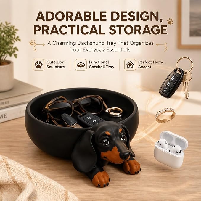 Dachshund Catch All Tray, Dog Key Bowl Jewelry Storage Holder Home Decor | 3D Printed Candy Dish Cute Trinket Organizer Decorative Animal Statue Desk Accessories Pet Lover Gift for Entryway(3PCS)