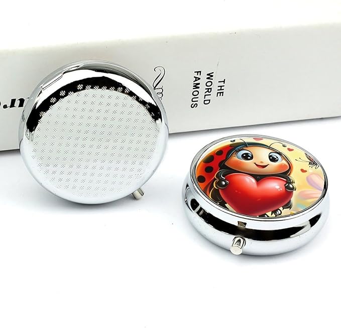 Ladybug Metal Round Pill Box, 3 Compartment Travel Organizer, Portable Pill Container with Secure Latch, 2 Inch Circular Vitamin Caddy for Pills and Vitamins, Gift for Him Her Elderly