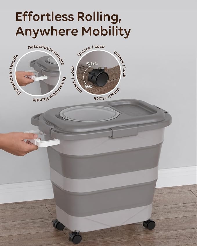 Collapsible Dog Food Container for 10-25 lbs, Airtight Storage Bin | Magnetic Clear Lid with Scoop & Wheels, Space-Saving Design for Dog & Cat Kibble, Rice, Flour, Khaki