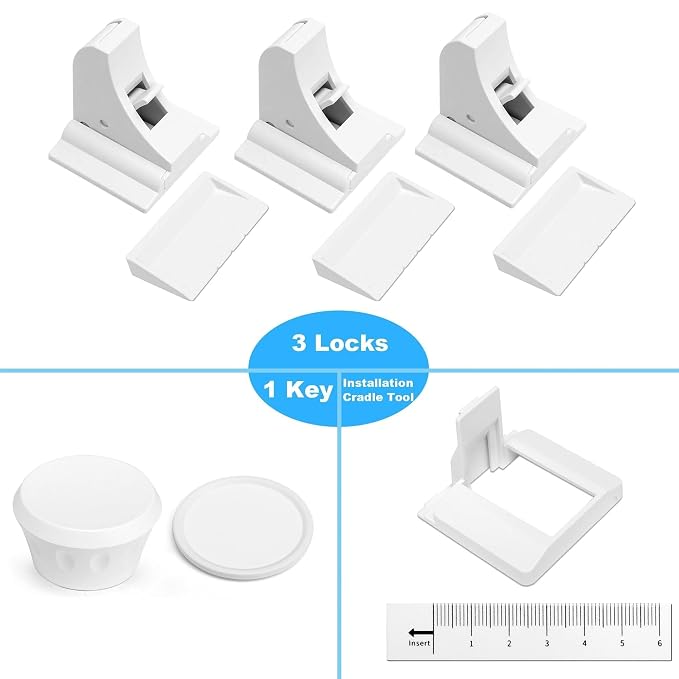 AILUOQI Baby Proofing Magnetic Cabinet Locks (3 Pack) Cupboard Drawers Latches Magnet Locks for Cabinets (1 Key)