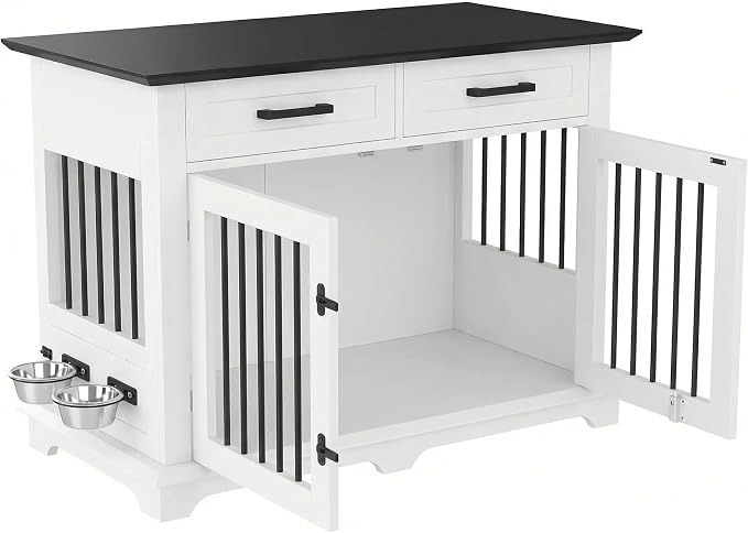 44.48" Large Dog Crate, 3-in-1 Wooden Dogs Crate End Table TV Stand Furniture with 2 Storage Drawers and Rotating Bowls, Decorative Pet House Dog Crates for Small/Medium Dogs, White+Black