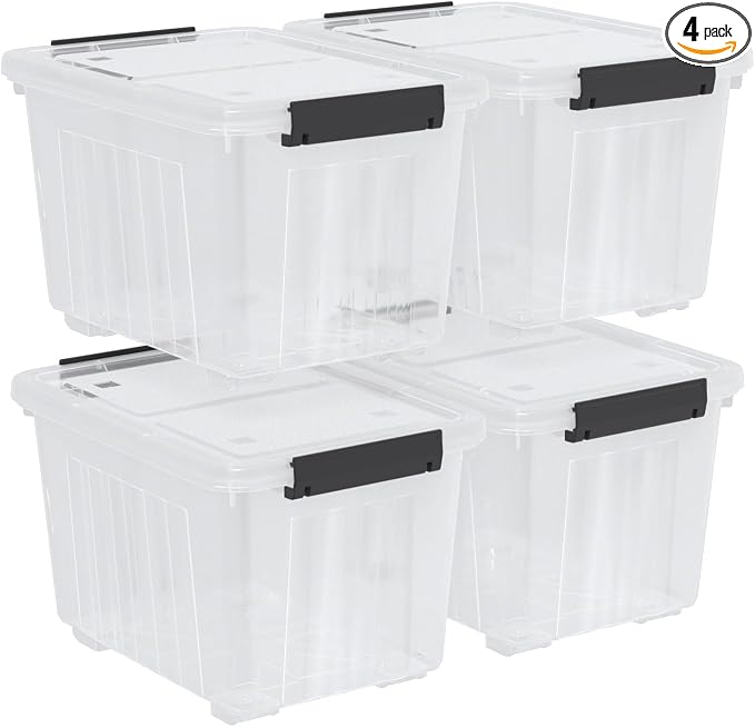 30 Quart Stackable Clear Plastic Storage Container Bin, 4 Packs | Latching Totes with Lids and Wheels for Organization