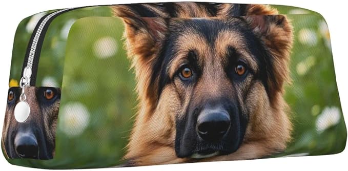 PU Leather Pencil Case Cosmetic Pencil Bags Makeup Pouch with Zipper | Cute Pet German Shepherd Dog Pen Pouch Portable Cosmetic Organizer Bag For Office Woman Man
