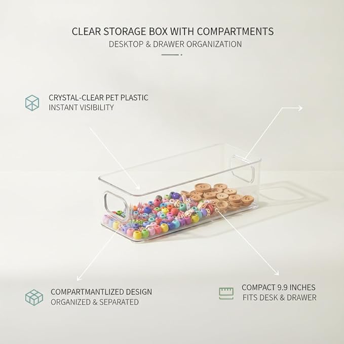 Fits Standard Drawers and Vanities: Clear PET Storage Box with Dividers for Small Items, 9.9 x 3.8 x 2.9 Inches