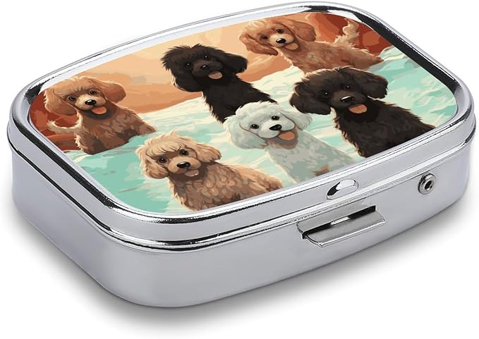 Poodles Dogs Pill Organizer Cute Pill Box Decorative Metal Pill Case Portable Vitamin Organizer Travel Medicine Holder Mini Pill Storage Container for Purse
