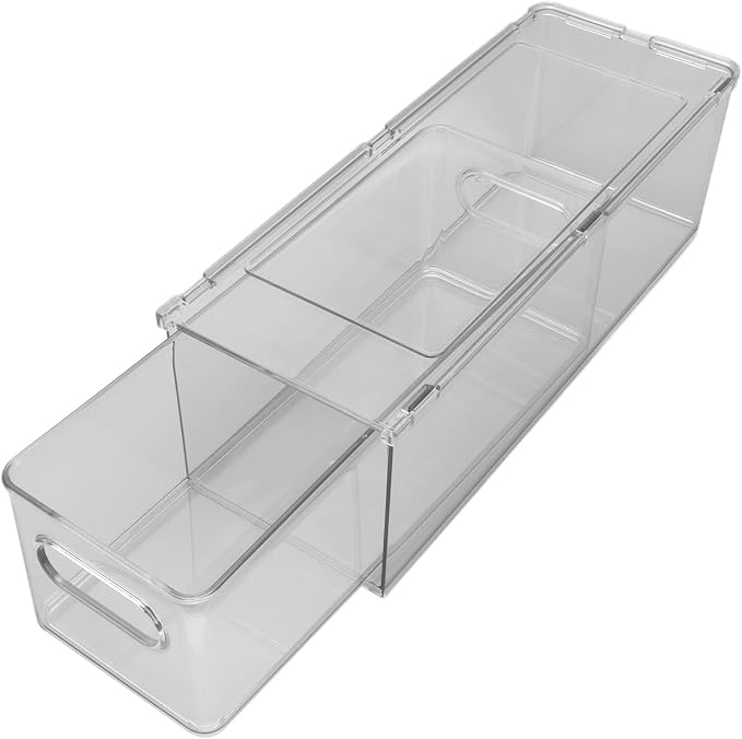 Drawer Storage Box, PET Clear Plastic Stackable Bin with Lid, 3 Compartments for Bathroom Vanity and Under Sink, Pantry Cabinet Makeup Office Organizer (3 liters)