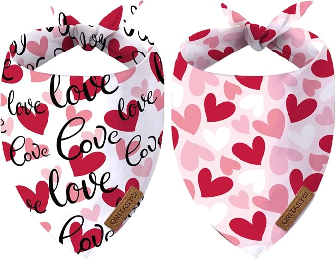 Valentines Day Dog Bandanas, 2-Pack Triangle Reversible Valentine Pet Scarves, Premium Fabric, Bandana for All Boys Girls Dogs (XL, Style 1)