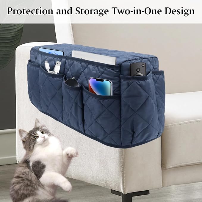 Remote Control Holder, Non Slip Bedside Armchair Caddy, Recliner Arm Caddy Armrest Organizer with 14 Pockets for Cell Phone TV Remote Control Magazines, Dark Blue