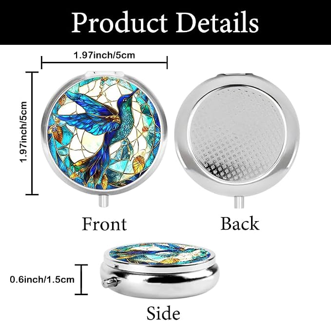 Portable Round 3 Compartment Metal Pill Box Bohemian Translucent Hummingbird Dream Catcher Colorful Design for Travel Daily Medications Home Organization