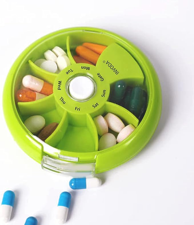 INVODA Weekly Pill Organizer 7 Compartment Rotating Pill Box for Daily | Cute Round Pill Organizer Fit purse pocket or backpack Portable Travel Pill Case for Fish Oil Supplements Vitamins Medication