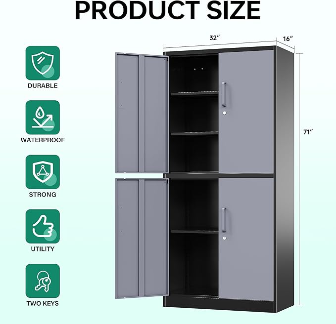 Metal Storage Cabinets with Lock Door and Shelves, Steel Garage Tool Cabinets for Home,Office, Warehouse,Lockers(71"-Black Gray)