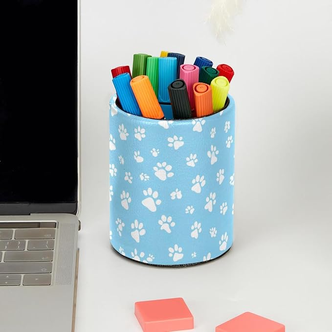 Faux Leather Pen Holder for Desk, Pencil Organizer Pet Paws Pen Cup Desk Decor Makeup Brush Holder Storage for Office Home