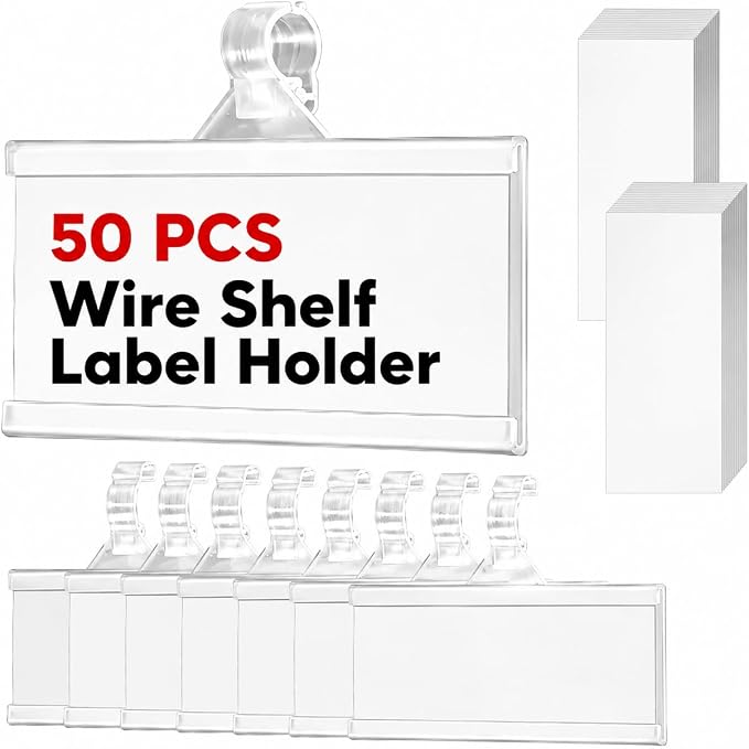 50 Pack Wire Shelf Label Holders, Reusable Price Card Display Clips (3" x 1.34") | Secure Snap Clip Design, Reusable Plastic Holder, Fits Wire Shelves For Price Tags, UPC Labels, Inventory and Product Display