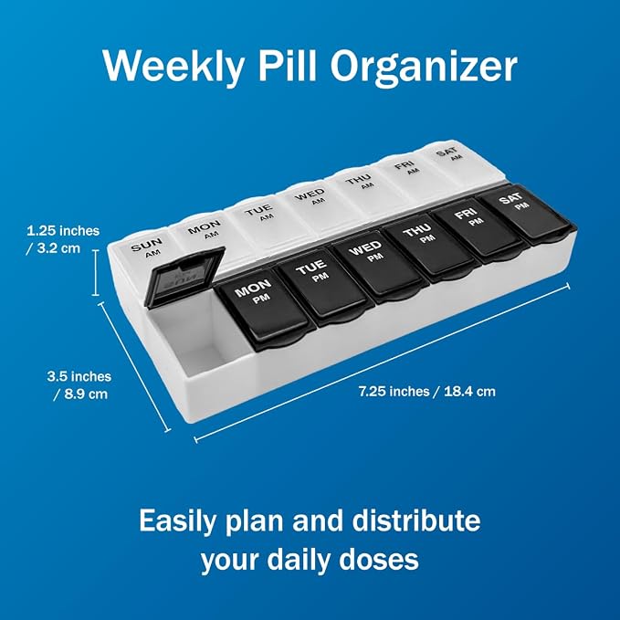 Amazon Basic Care 7-Day AM/PM Pill Organizer, Vitamin Case and Medicine Box with Large Compartments, 2 Times a Day, Black and Clear Lids