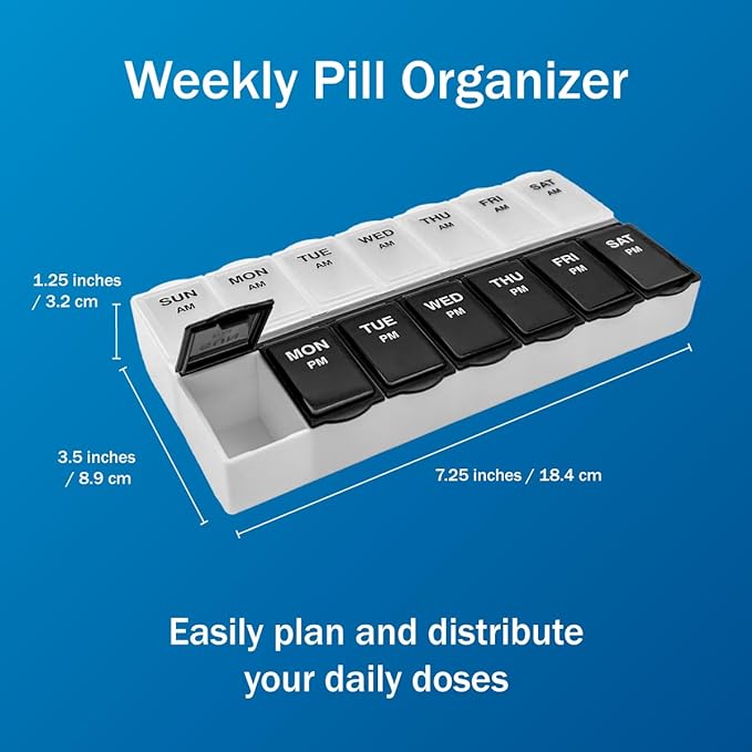 Amazon Basic Care 7-Day AM/PM Pill Organizer, Vitamin Case and Medicine Box with Large Compartments, 2 Times a Day, Black and Clear Lids (Pack of 2)