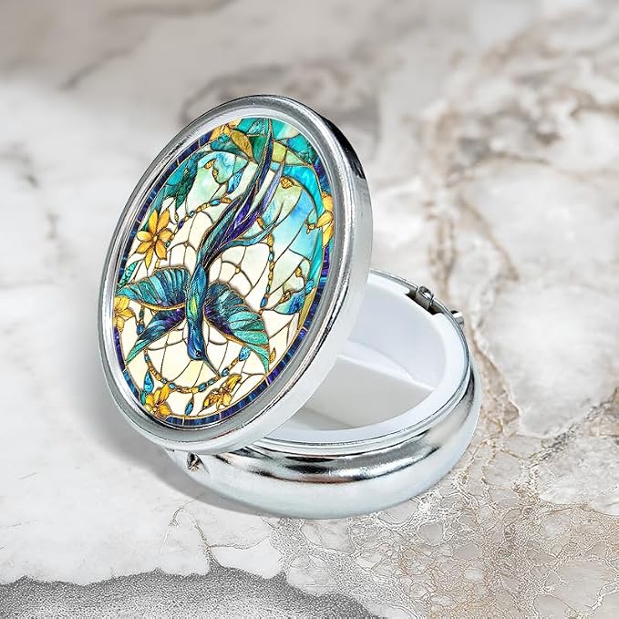 Portable Round 3 Compartment Metal Pill Box Bohemian Translucent Hummingbird Dream Catcher Ideal for Travel Daily Medication Organization or As a Thoughtful Gift for Friends
