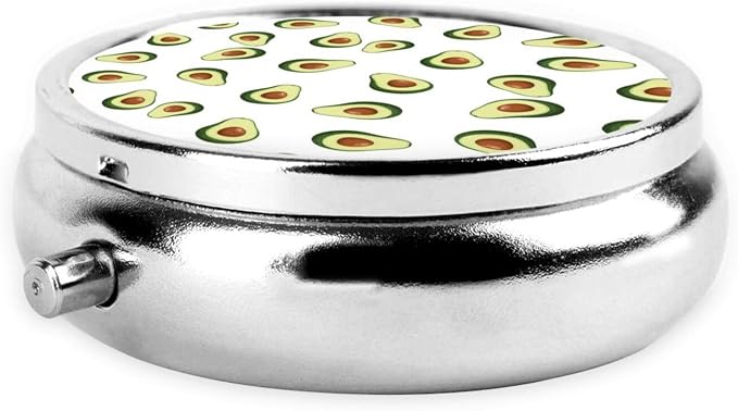 Travel Pill Container, Avocado Repeating Pattern Round Metal Organizer, 3-Section Case for Medicine, Pocket Purse Dispenser for Business Travel