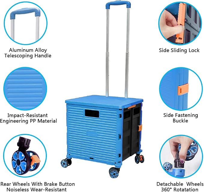FELICON SELORSS Foldable Utility Cart Portable Rolling Crate-Light Blue | Durable,Heavy Duty,Plastic Box,Telescoping Handle,4 Rotate Wheels,Collapsible Handcart for Travel Shop Move Luggage Office