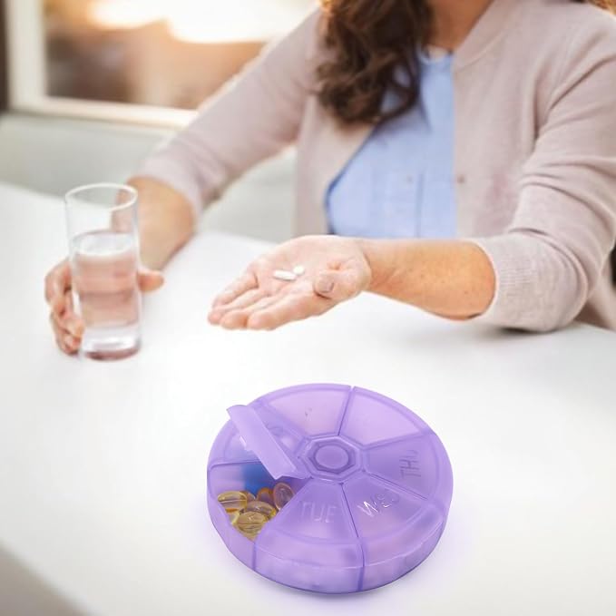 Portable Weekly Pill Organizer (Pack of 2) 7 Day Container,Round Case Travel Friendly,Daily Week Pill Reminder,Vitamin,Supplement,Fish Oil,Medication Planner (Purple)