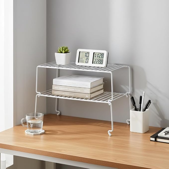 6-Pack Large (15.7x8.54inch) Multi-Level Organizer Rack, Kitchen Shelves for Spice Organization for Cabinet, Pantry Organizers and Storage, Wire Extra Shelf, Desk Organizer, Stackable, White