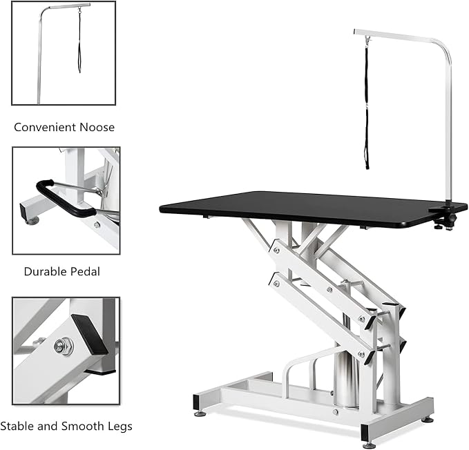 Hydraulic Dog Grooming Table for Small/Large Dogs, Heavy Duty Professional Pet Grooming Table with Adjustable Overhead Arm and Noose, Range 21-36 Inch, 43''/Black