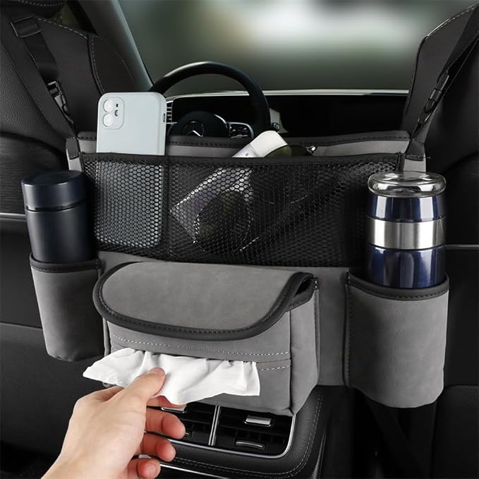 Car Organizer, Blue, Rectangular, 2 Compartments, Faux Leather, Portable, Car Seat Storage Organizer, CADDY, Hanging Mount, Car Organization