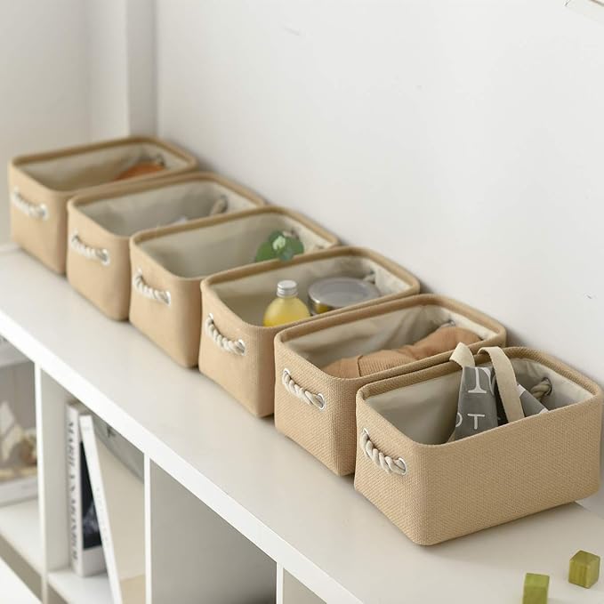 Storage Basket for Organizing - Small 6 Pack 11.8x7.8x5.2 inch Fabric Storage Cubes with Cotton Rope Handle, Collapsible Storage Bins Baby Storage Toy Nursery (Beige)