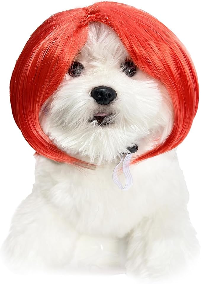 Cute Dog Wig for Small Dogs & Cat, Funny Pet Wigs Headband with Elastic Bands, 7 Inch Adjustable Dog Cat Costume Accessory for Halloween, Christmas & Cosplay (Red)